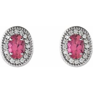 14K White Gold 7x5 mm Natural Pink Tourmaline 1/6 CTW Natural Diamond Halo-Style Earrings – image 2