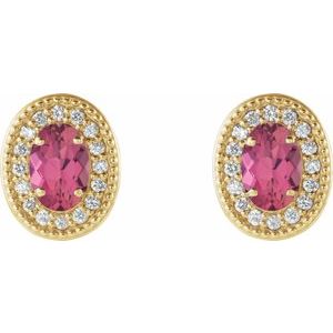 14K Yellow Gold 7x5 mm Natural Pink Tourmaline 1/6 CTW Natural Diamond Halo-Style Earrings – image 2