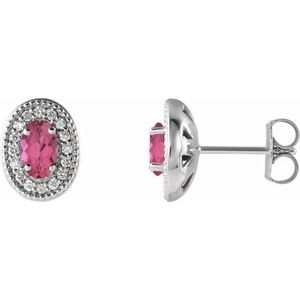 Platinum 7x5 mm Natural Pink Tourmaline 1/6 CTW Natural Diamond Halo-Style Earrings