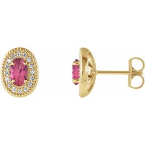 14K Yellow Gold 7x5 mm Natural Pink Tourmaline 1/6 CTW Natural Diamond Halo-Style Earrings