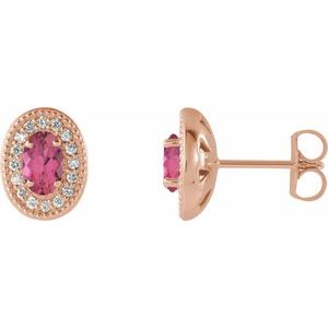 14K Rose Gold 5x3 mm Natural Pink Tourmaline & 1/8 CTW Natural Diamond Halo-Style Earrings