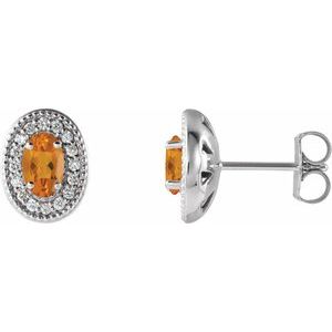 14K White Gold 5x3 mm Natural Citrine & 1/8 CTW Natural Diamond Halo-Style Earrings
