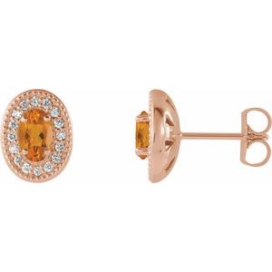 14K Rose Gold 7x5 mm Natural Citrine 1/6 CTW Natural Diamond Halo-Style Earrings