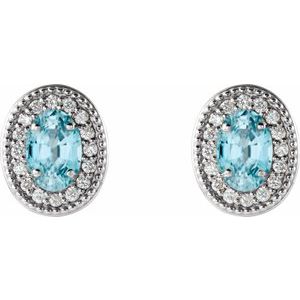 Sterling Silver 5x3 mm Natural Blue Zircon & 1/8 CTW Natural Diamond Halo-Style Earrings – image 2