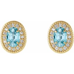 14K Yellow Gold 5x3 mm Natural Blue Zircon & 1/8 CTW Natural Diamond Halo-Style Earrings – image 2