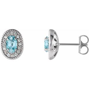 Platinum 5x3 mm Natural Blue Zircon & 1/8 CTW Natural Diamond Halo-Style Earrings
