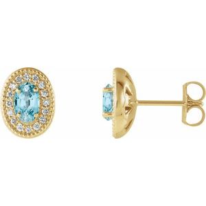 14K Yellow Gold 5x3 mm Natural Blue Zircon & 1/8 CTW Natural Diamond Halo-Style Earrings
