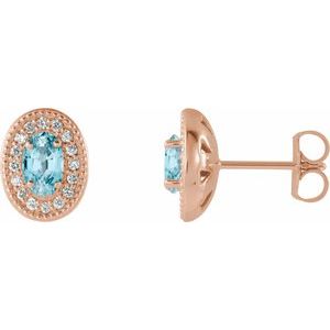 14K Rose Gold 5x3 mm Natural Blue Zircon & 1/8 CTW Natural Diamond Halo-Style Earrings