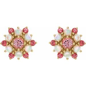 14K Yellow Gold Natural Pink Tourmaline & Natural Ethiopian Opal Cabochon Earrings – image 2