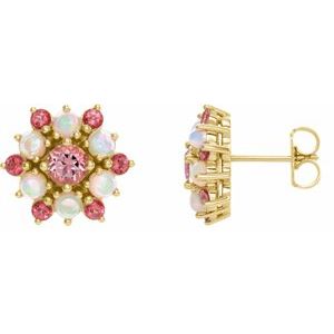 14K Yellow Gold Natural Pink Tourmaline & Natural Ethiopian Opal Cabochon Earrings