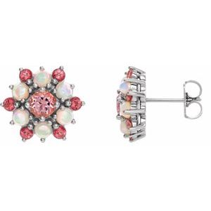 Platinum Natural Pink Tourmaline & Natural Ethiopian Opal Cabochon Earrings