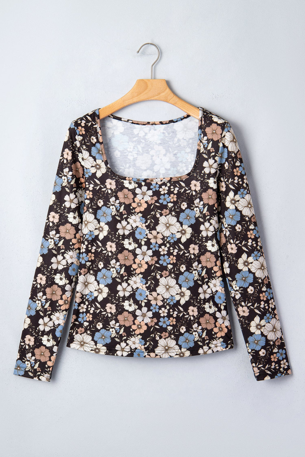 Leopard & Floral Square Neck Long Sleeve T-Shirt