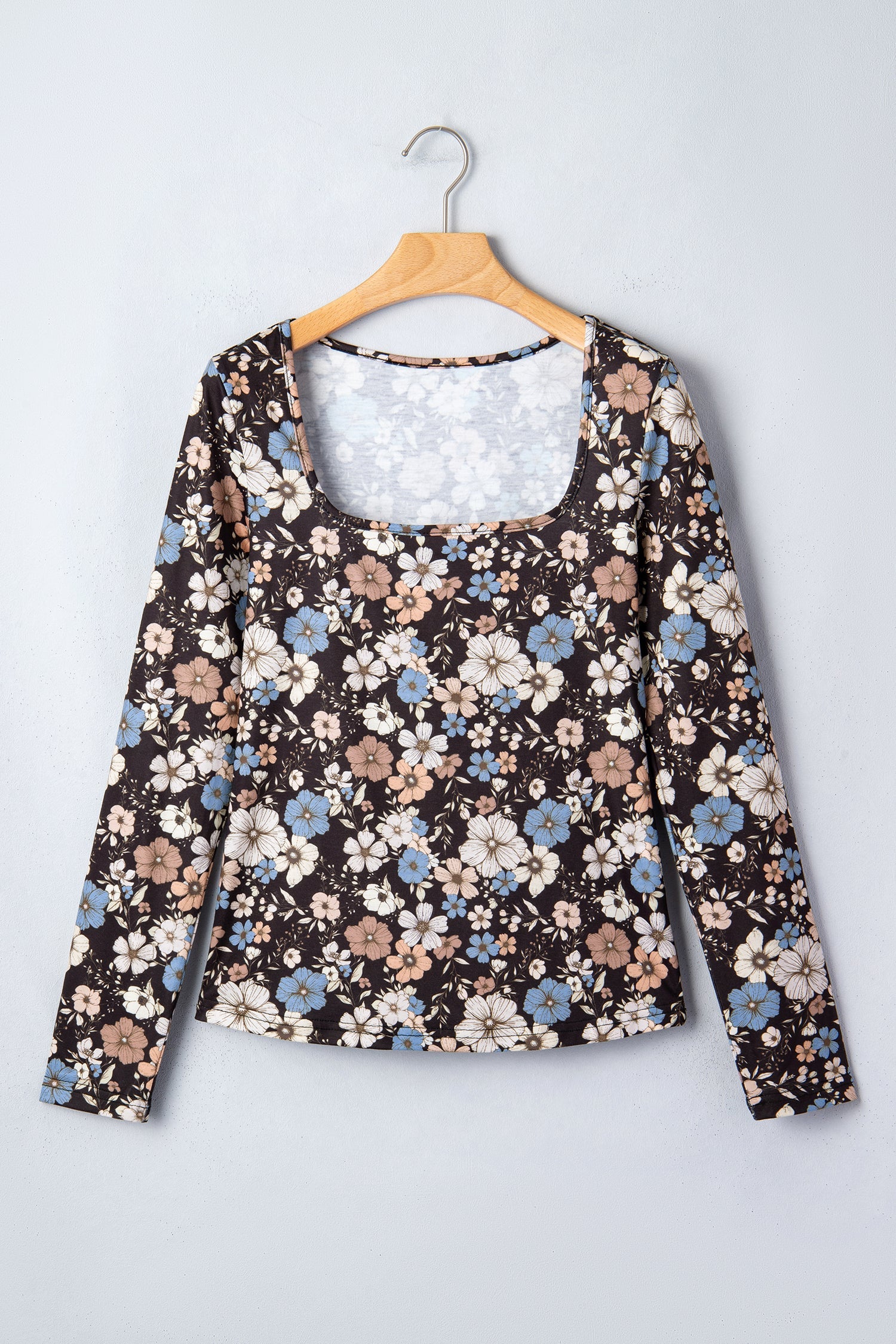 Leopard & Floral Square Neck Long Sleeve T-Shirt