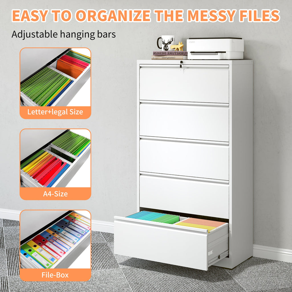 Modern 5-Drawer Steel Lateral File Cabinet with Lock, White Metal Filing Cabinet for Home and Office
