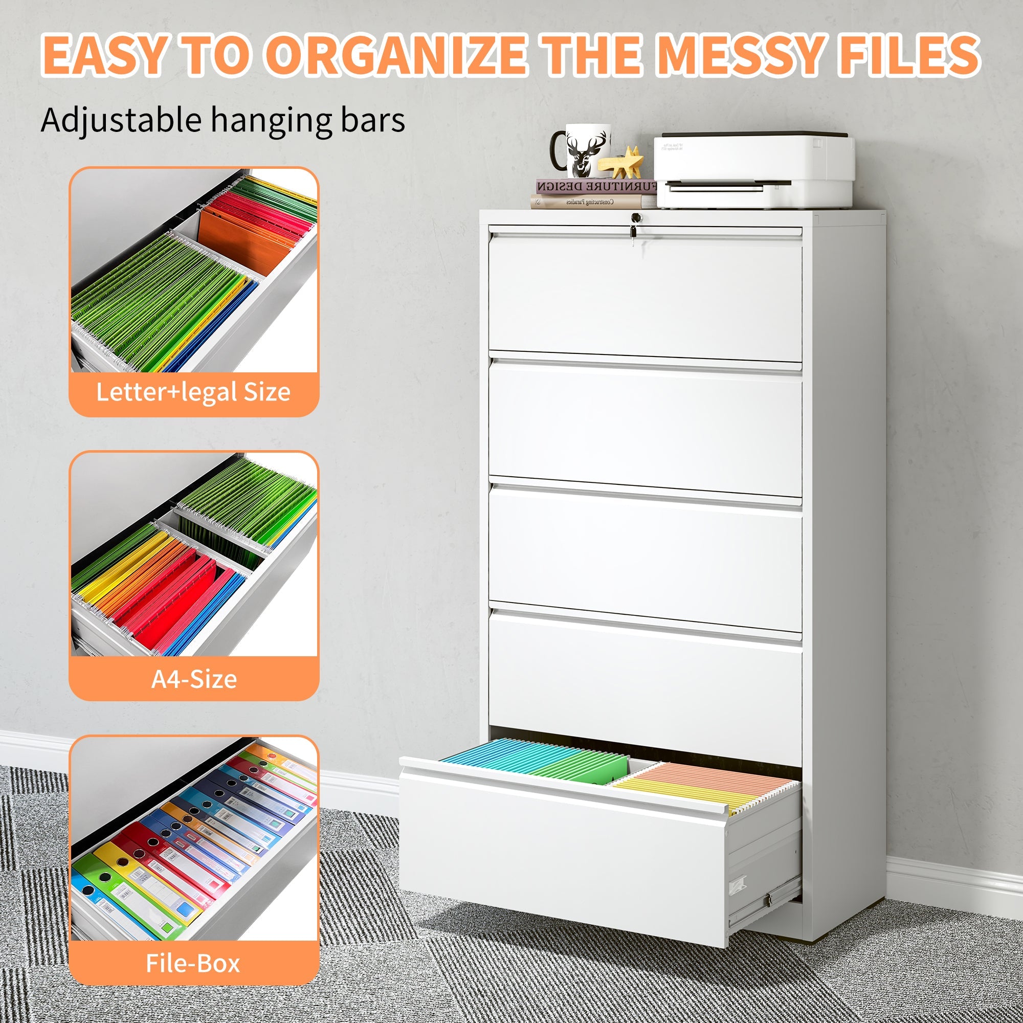 Modern 5-Drawer Steel Lateral File Cabinet with Lock, White Metal Filing Cabinet for Home and Office