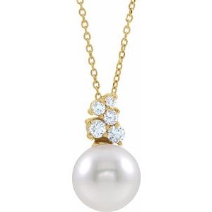 14K Yellow Gold Cultured White Freshwater Pearl & 1/4 CTW Natural Diamond 16-18" Necklace