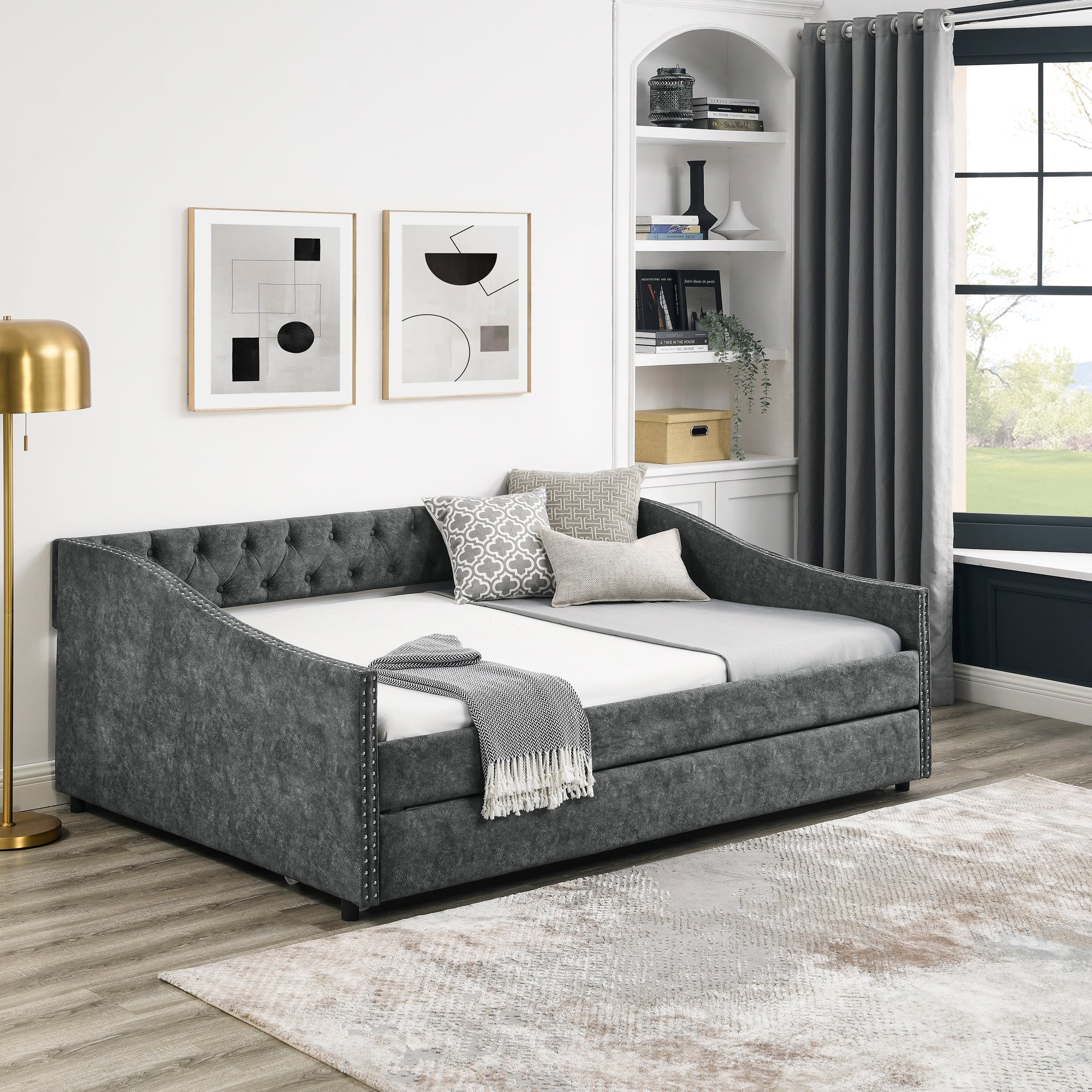 Full Size Daybed with Twin Size Trundle Upholstered Tufted Sofa Bed, with Button on Back and Copper Nail on Waved Shape Arms,Grey (80.5'x55.5'x27.5')