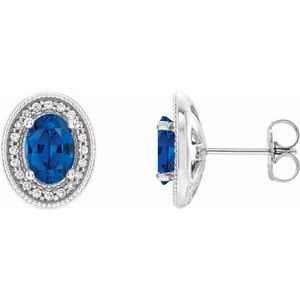 14K White Gold 7x5 mm Natural Blue Sapphire & 1/6 CTW Natural Diamond Halo-Style Earrings