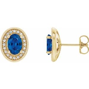 14K Yellow Gold 7x5 mm Natural Blue Sapphire & 1/6 CTW Natural Diamond Halo-Style Earrings