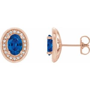 14K Rose Gold 7x5 mm Natural Blue Sapphire 1/6 CTW Natural Diamond Halo-Style Earrings