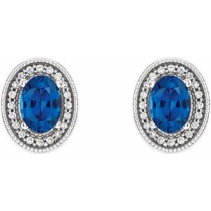 Platinum 7x5 mm Lab-Grown Blue Sapphire 1/6 CTW Natural Diamond Halo-Style Earrings – image 2