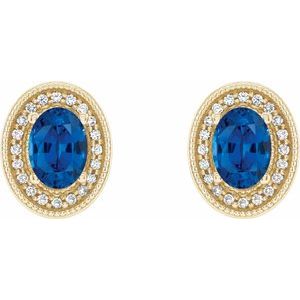 14K Yellow Gold 7x5 mm Lab-Grown Blue Sapphire & 1/6 CTW Natural Diamond Halo-Style Earrings – image 2