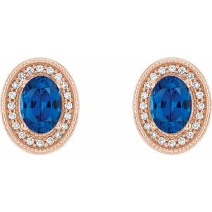 14K Rose Gold 7x5 mm Natural Blue Sapphire 1/6 CTW Natural Diamond Halo-Style Earrings – image 2