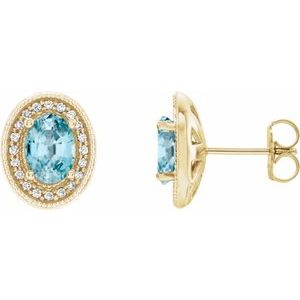 14K Yellow Gold 7x5 mm Natural Blue Zircon & 1/6 CTW Natural Diamond Halo-Style Earrings