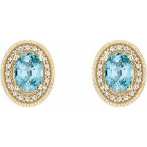 14K Yellow Gold 7x5 mm Natural Blue Zircon & 1/6 CTW Natural Diamond Halo-Style Earrings – image 2