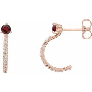14K Rose Gold Natural Mozambique Garnet & 1/8 CTW Natural Diamond J-Hoop Earrings
