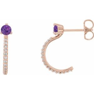 14K Rose Gold Natural Amethyst & 1/8 CTW Natural Diamond J-Hoop Earrings