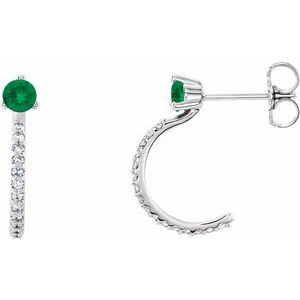 14K White Gold Lab-Grown Emerald & 1/8 CTW Natural Diamond J-Hoop Earrings