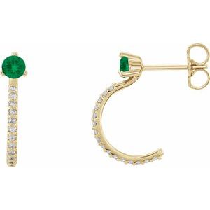 14K Yellow Gold Lab-Grown Emerald & 1/8 CTW Natural Diamond J-Hoop Earrings