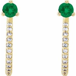 14K Yellow Gold Natural Emerald & 1/8 CTW Natural Diamond J-Hoop Earrings – image 2