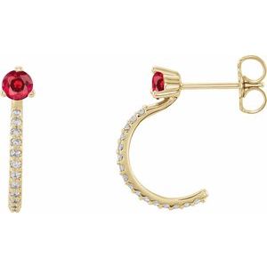 14K Yellow Gold Lab-Grown Ruby & 1/8 CTW Natural Diamond J-Hoop Earrings