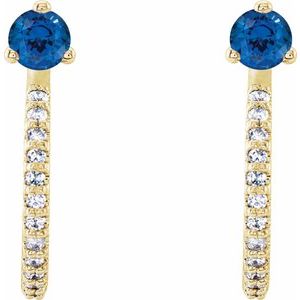 14K Yellow Gold Lab-Grown Blue Sapphire & 1/8 CTW Natural Diamond J-Hoop Earrings – image 2