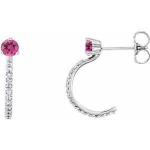 Sterling Silver Natural Pink Tourmaline & 1/8 CTW Natural Diamond J-Hoop Earrings