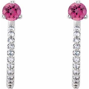Platinum Natural Pink Tourmaline & 1/8 CTW Natural Diamond J-Hoop Earrings – image 2