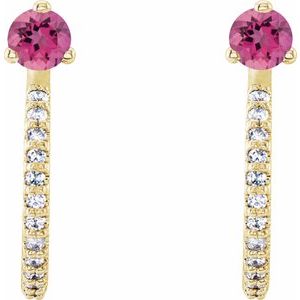 14K Yellow Gold Natural Pink Tourmaline & 1/8 CTW Natural Diamond J-Hoop Earrings