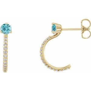 14K Yellow Gold Natural Blue Zircon & 1/8 CTW Natural Diamond J-Hoop Earrings