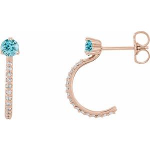 14K Rose Gold Natural Blue Zircon & 1/8 CTW Natural Diamond J-Hoop Earrings
