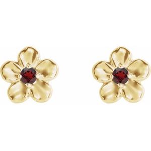 14K Yellow Gold Imitation Mozambique Garnet January Birthstone Flower Earrings