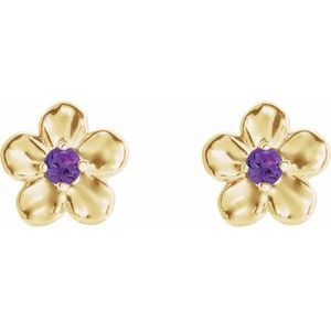 14K Yellow Gold Imitation Amethyst Febuary Birthstone Flower Earrings