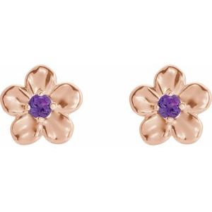 14K Rose Gold Imitation Amethyst Febuary Birthstone Flower Earrings