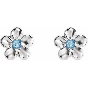 14K White Gold Imitation Aquamarine March Birthstone Flower Earrings