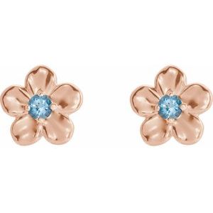 14K Rose Gold Imitation Aquamarine March Birthstone Flower Earrings