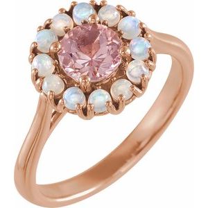 14K Rose Gold Natural Pink Morganite & Natural Ethiopian Opal Halo-Style Ring