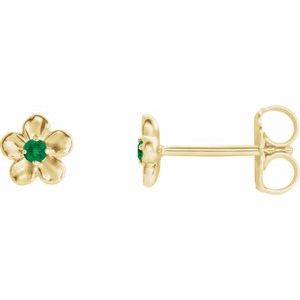 14K Yellow Gold Imitation Emerald May Birthstone Flower Earrings