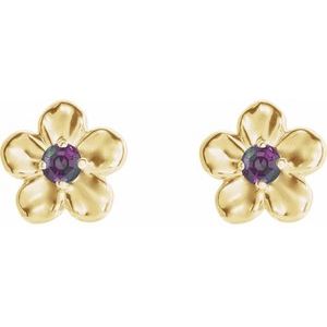 14K Yellow Gold Imitation Alexandrite June Birthstone Flower Earrings