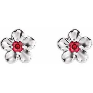 Platinum Imitation Ruby July Birthstone Flower Earrings